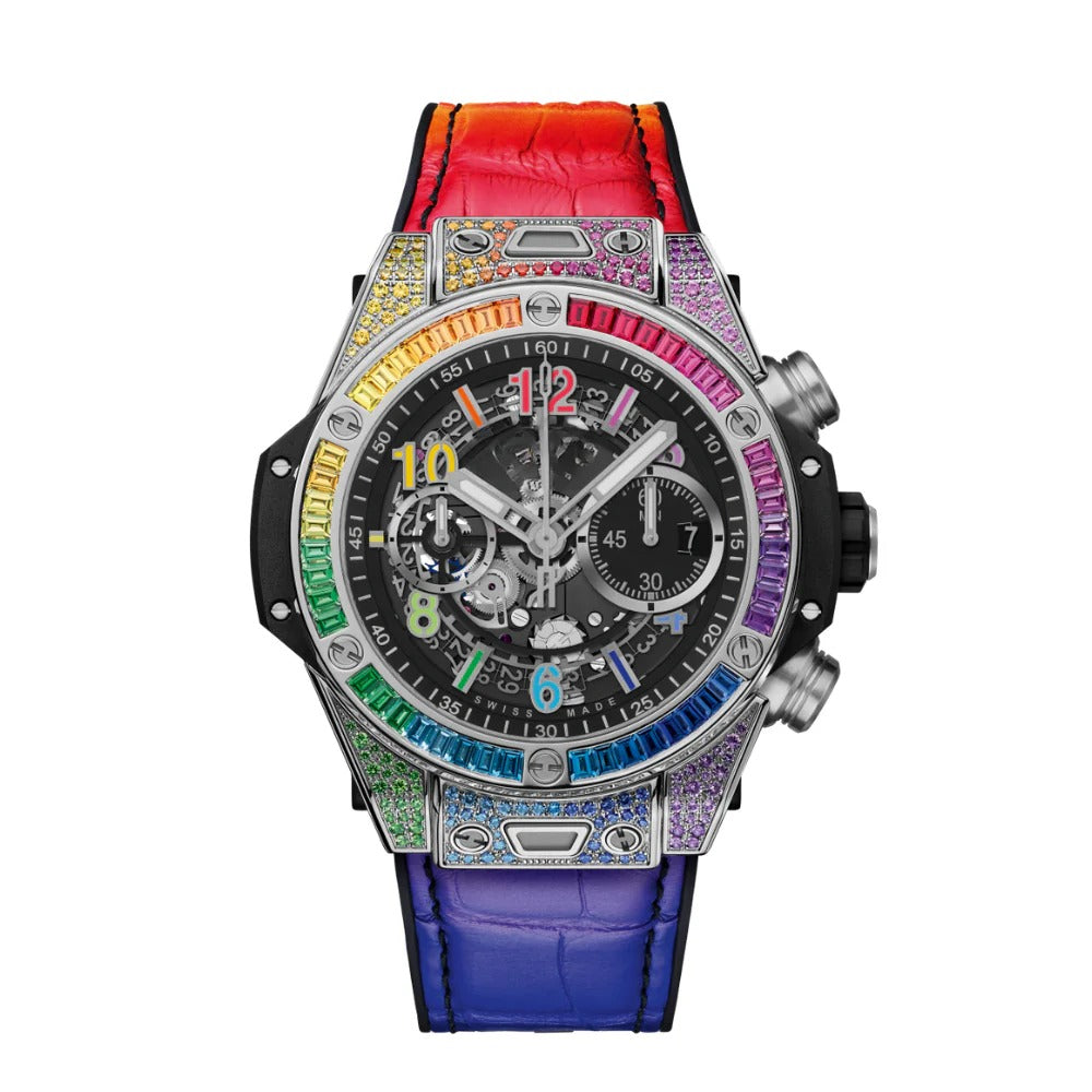 Novaris Fusion 44 – Multicolor Skeleton Dial | Rainbow Gem Bezel & Blue-Red Leather Strap