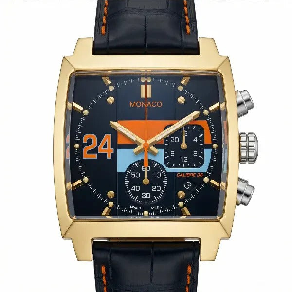 Chronara Monaco 42 – Blue Dial | Yellow Gold Case & Black Leather Strap