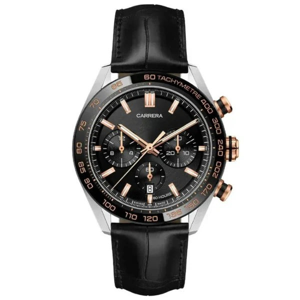 Chronara Racing Pro 42 – Black Dial | Rose Gold Accents & Black Leather Strap